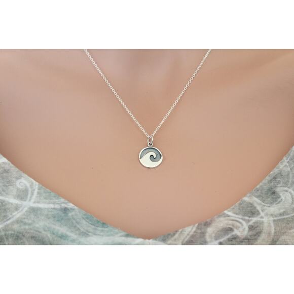 Sterling Silver Wave Charm with Oxidized Background Necklace - Picture 1 of 7